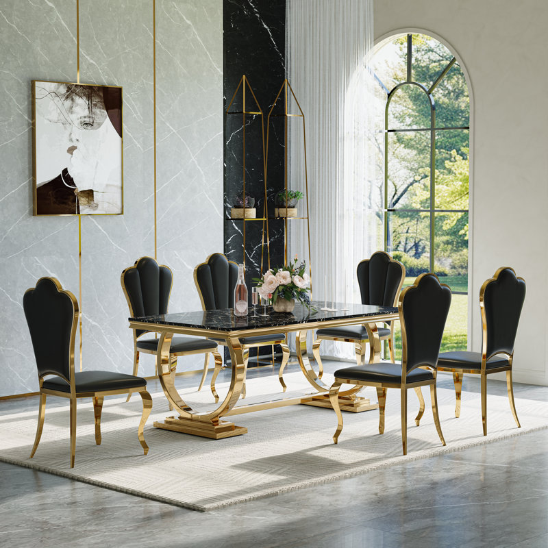 Ensemble de table de salle à manger 7 pièces, table de salle à manger en placage de marbre et 6 chaises en cuir, Noir marbré