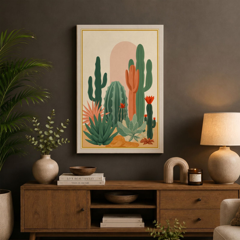 Desert Botanical Study Art Deco 1 Piece Wrapped Canvas Wall Art, 36x24 - 91.4 x 61.0 cm, Ochre Border