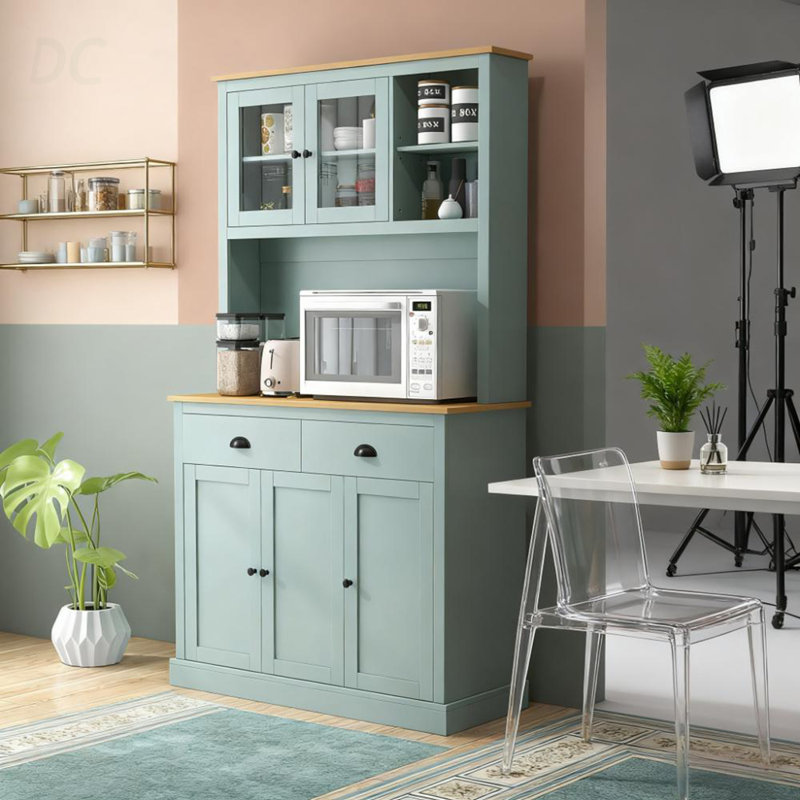 Buffet de cuisine autoportant avec huche avec tiroirs, portes en verre et tablettes réglables Pantry, Bleu pâle
