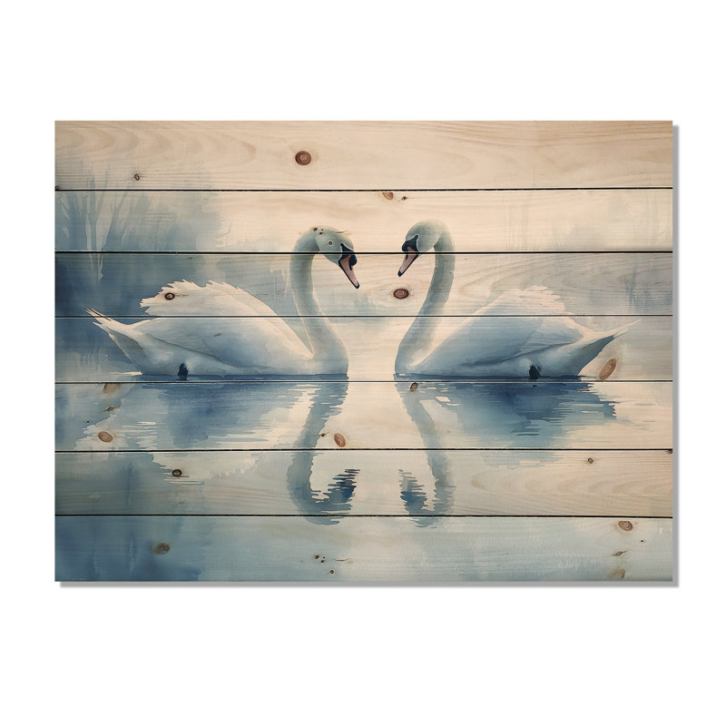 Cygnes tranquilles sur le lac II - Art mural en bois oiseau - sur bois de pin naturel, H 10 po x l 20 po x P 0,78 po