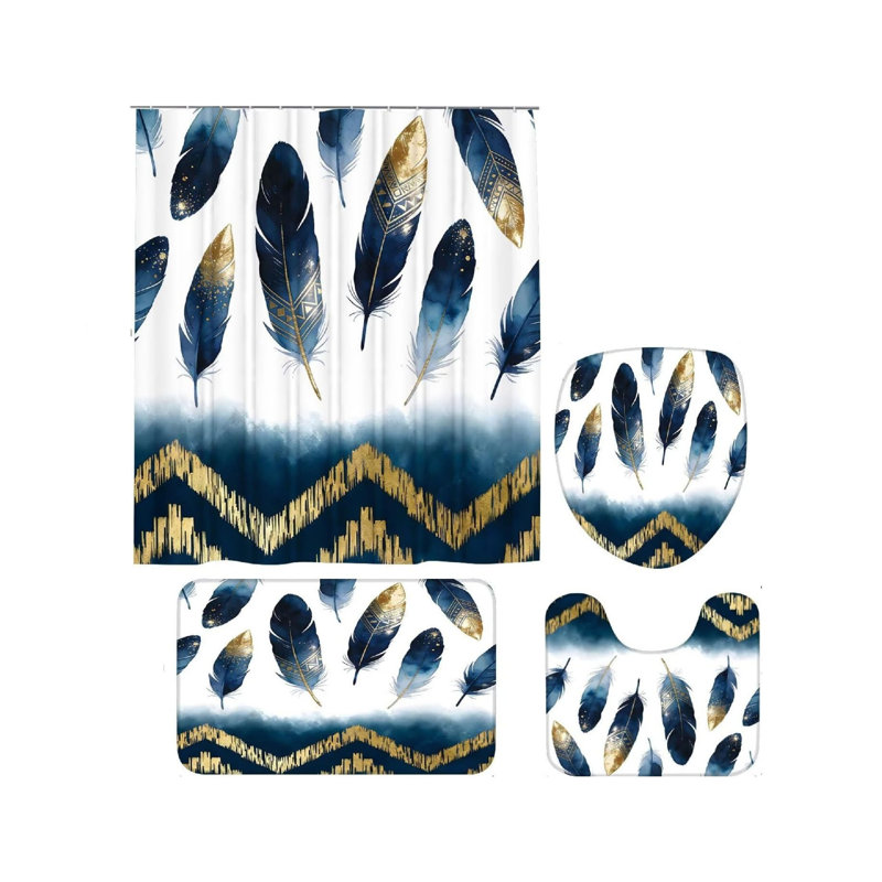 Ensemble de 4 tapis de salle de bain aquarelle plumes bleues