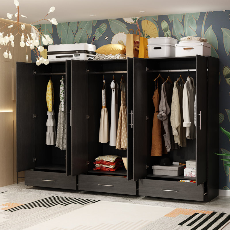 Armoire penderie 6 portes 94,5 po de largeur avec 3 tiroirs, Noir, noir, noir, noir