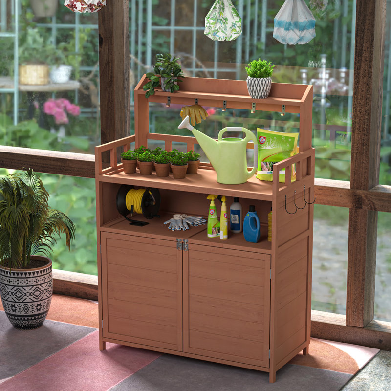 Banc de jardin spacieux avec crochets et armoire de rangement pour l'extérieur