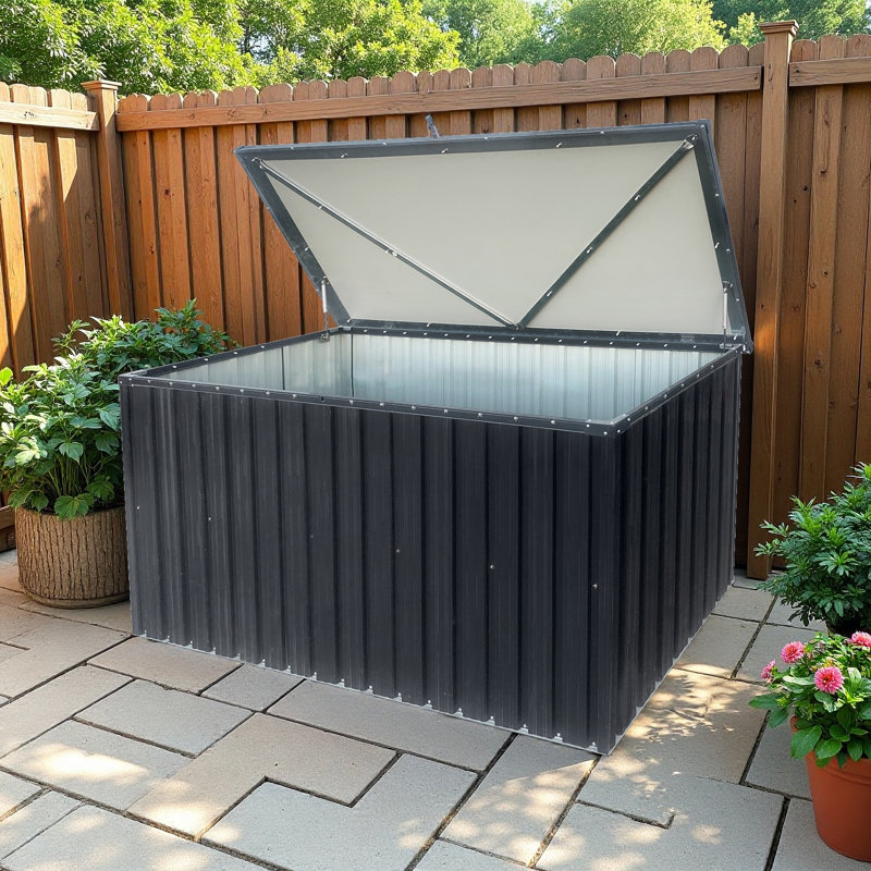 215 Gallon Large Capacity Deck Box, Outdoor Metal Storage Box,  With Lockable Lid & Waterproof Roof For Garden Tools, Pool & Patio Furniture
