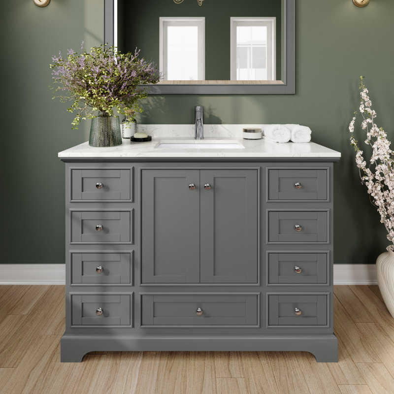 Deborah 48'' Single Bathroom Vanity with Marble Top, Dark Gray, Polished Chrome, Carrara Cultured Marble