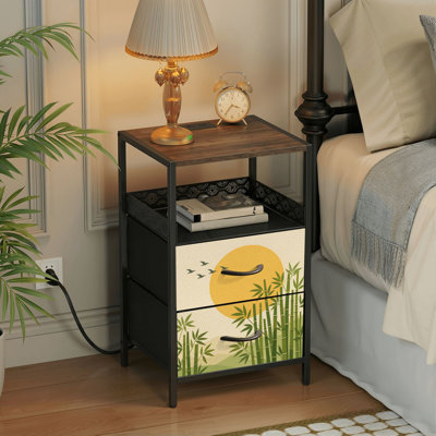 2 Drawers Nightstand with Charging Station, Bedroom Nightstand with USB Ports & Outlets Open Shelf Black, night stand with Minimalist Bamboo Forest Silhouette Birds Golden Sun Print