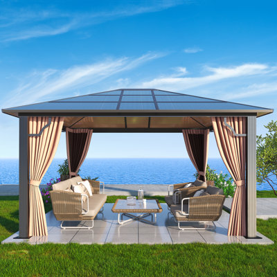Steel Patio Gazebo - Polycarbonate Hardtop Gazebo with Curtains & Netting