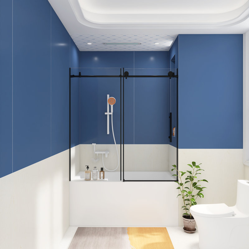 Porte de douche sans cadre l 56 à 60 po x H 60 po en noir mat, Noir mat