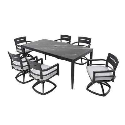 Modern 7pc Outdoor Patio Dining Set, 35.5"x71" Rectangular Aluminum Table, Greek Marble-inspired Sintered Stone, Ember Black Finish, 6 Swivel Rocker C