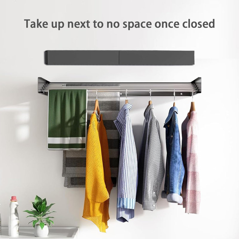 Wall Mounted Retractable Drying Rack, 5-Rod Foldable Clothes Airer with Tower Handles