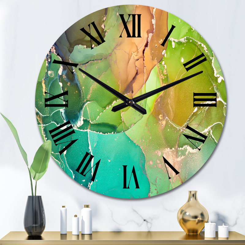 Horloge murale moderne en marbre vert et turquoise abstrait, Surdimensionné