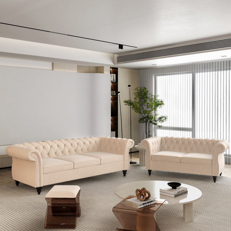 Emara 2 Piece Velvet Standard Living Room Set, Beige Velvet