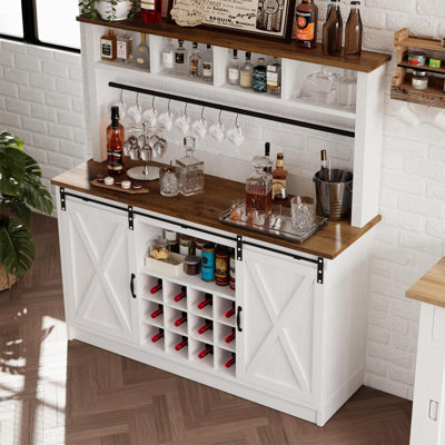 Abrianna Farmhouse Coffee Bar Cabinet with Storage, 55” Wine Bar, Wine Racks for Dining Room kitchen