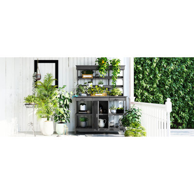 Large Outdoor Garden Potting Bench In Gray, With Falling Device And Drawers Gray Wooden Functional