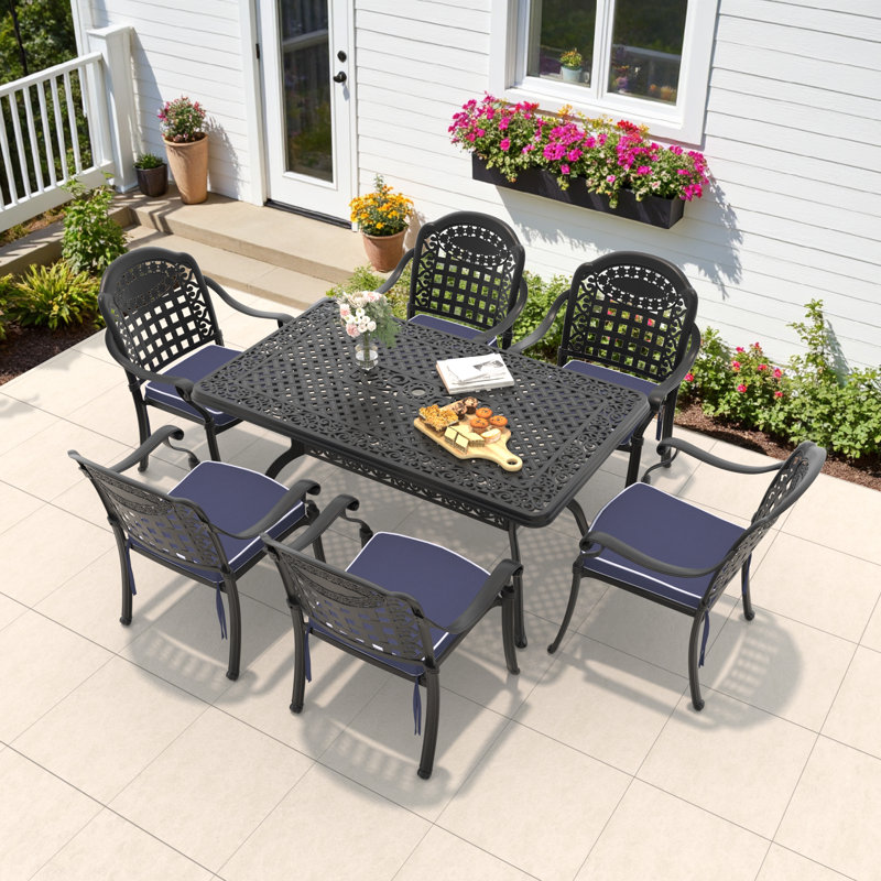 Diredra 7-Piece Cast Aluminum Patio Dining Set with 59" Rectangular Table, Umbrella Hole & Blue Cushions, 6