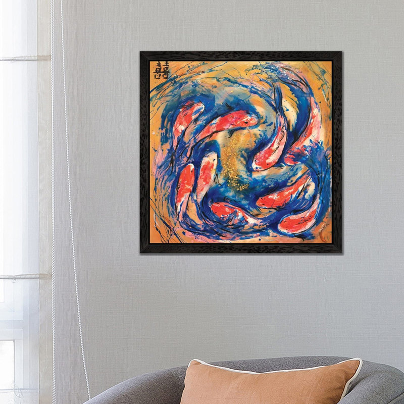 Double Luck With Koi Fish by Antuanelle - Painting on Canvas, 66.04 cm H x 66.04 cm W, Black Framed