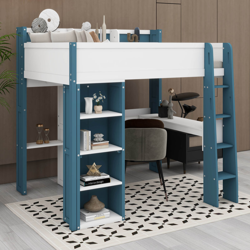 FUll Size Loft Bed With Storage Shelves, Clothes Rails, Desk, White/Blue