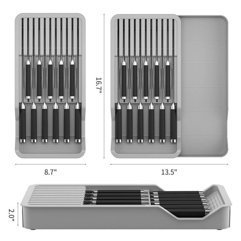 Expandable Knife Organizer For Drawer, Retractable And Adjustable Knife Block Holder Insert, Secure Storage Tray For Kitchen Countertop Organization