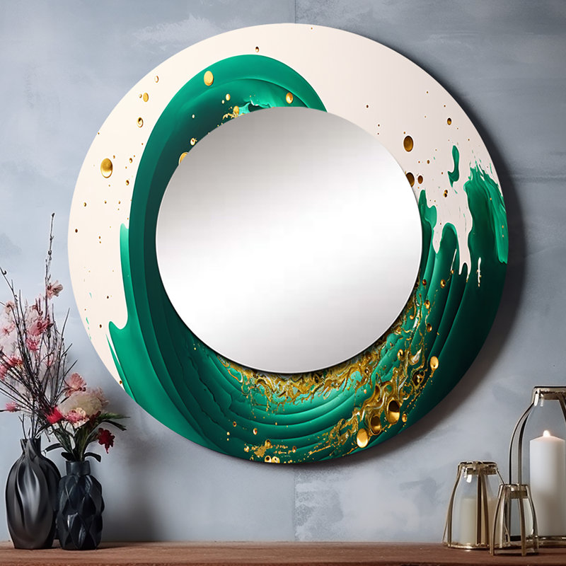 «Shelbe Green and Gold Crashing Waves IV», miroir mural décoratif à spirales abstraites, miroir rond vert, impression sur métal