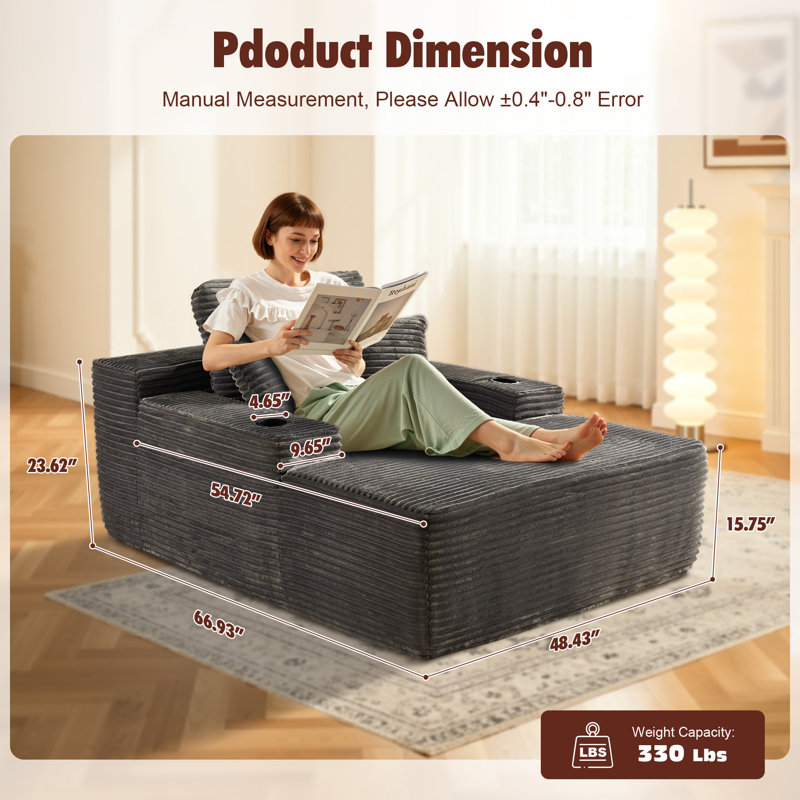 Chaise Lounge Chair Indoor With Pillows, 48.42 "d Oversized Sleeper Chair, Could Plush Corduroy Comfy Sofa For Bedroom, Living Room, Office