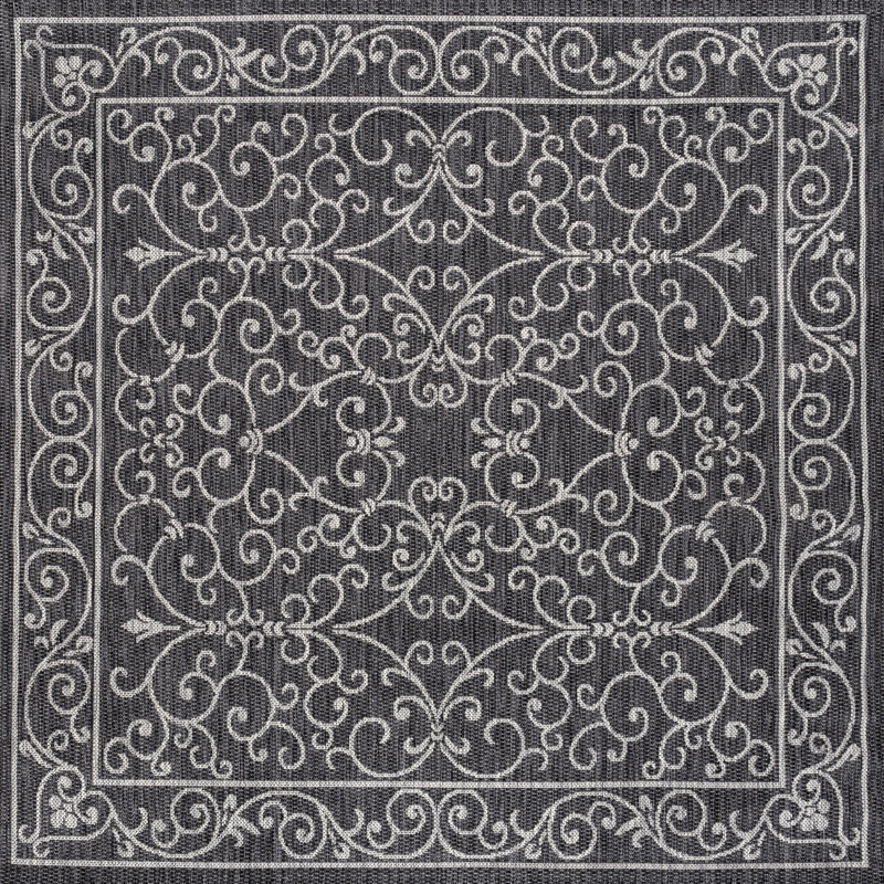 Tapis intérieur / extérieur noir / gris à tissage texturé Hagerman, Carré 3 pi 11 po