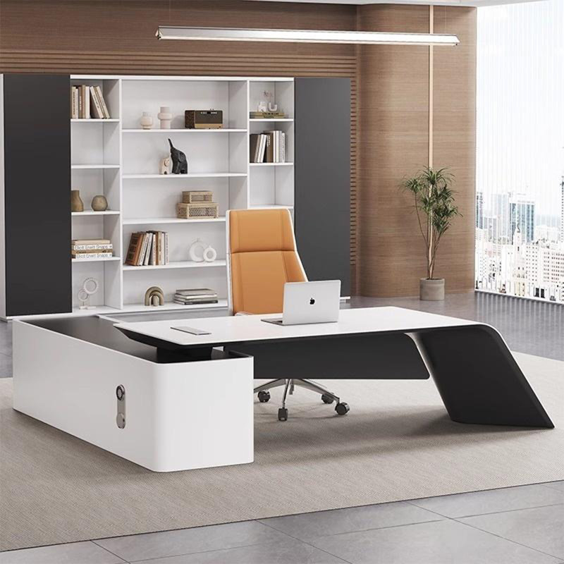 Bureau de direction 86,61 "haut de gamme en forme de L blanc créatif, H 27,56 po x l 86,61 po x P 70,87 po