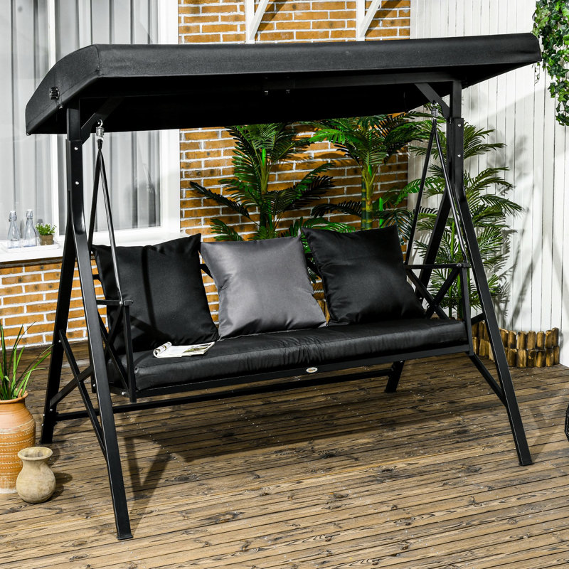 3 balançoires près de la piscine avec auvent réglable et coussin confortable, chaise de patio noire pour trois personnes, rembourrage doux