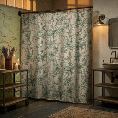 Vintage Cottagecore Floral Fabric Shower Curtain with 12 Hooks, Faux Linen Bathroom Curtain 72x72