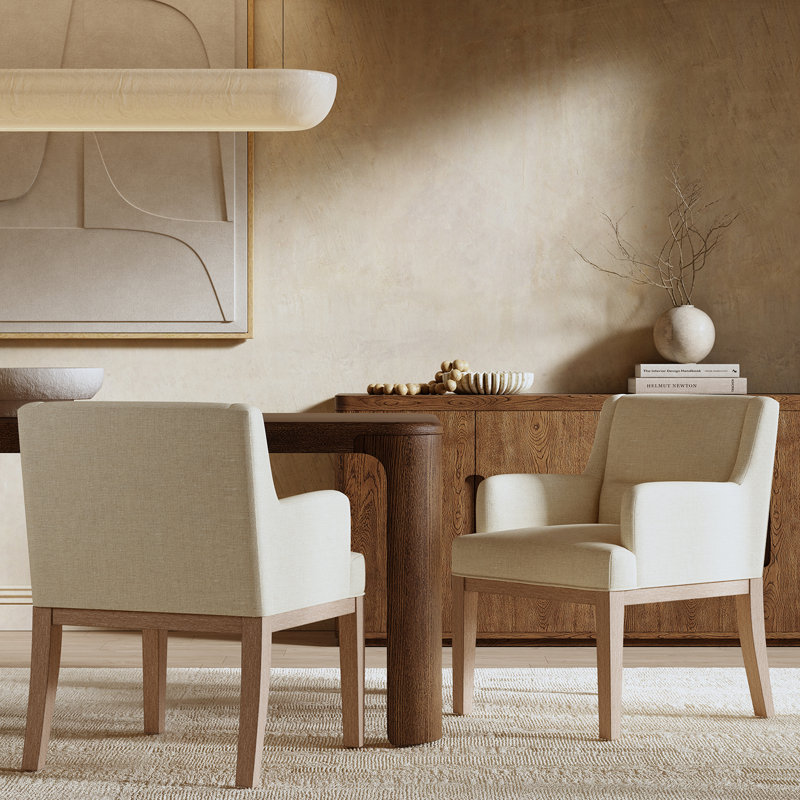 Benton Morrigan 32.5" Tall Solid Wood Legs Upholstered Dining Chair with Gently Curved Arms (Set of 2), Ivory