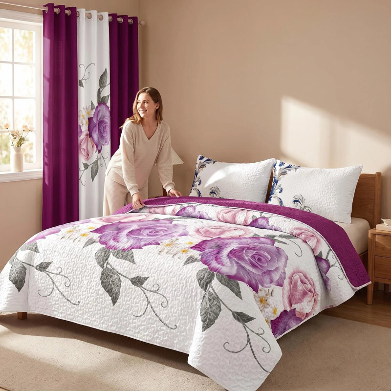 Ensemble de couvre-lit et rideau en microfibre 9 pièces 9 pièces avec 2 taies décoratives et 6 œillets filtrant la lumière