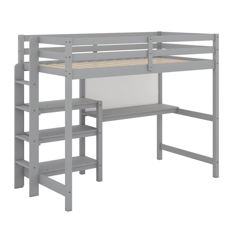 Wooden Loft Bed With Desk,Shelves And Writing Board, Grey, Twin