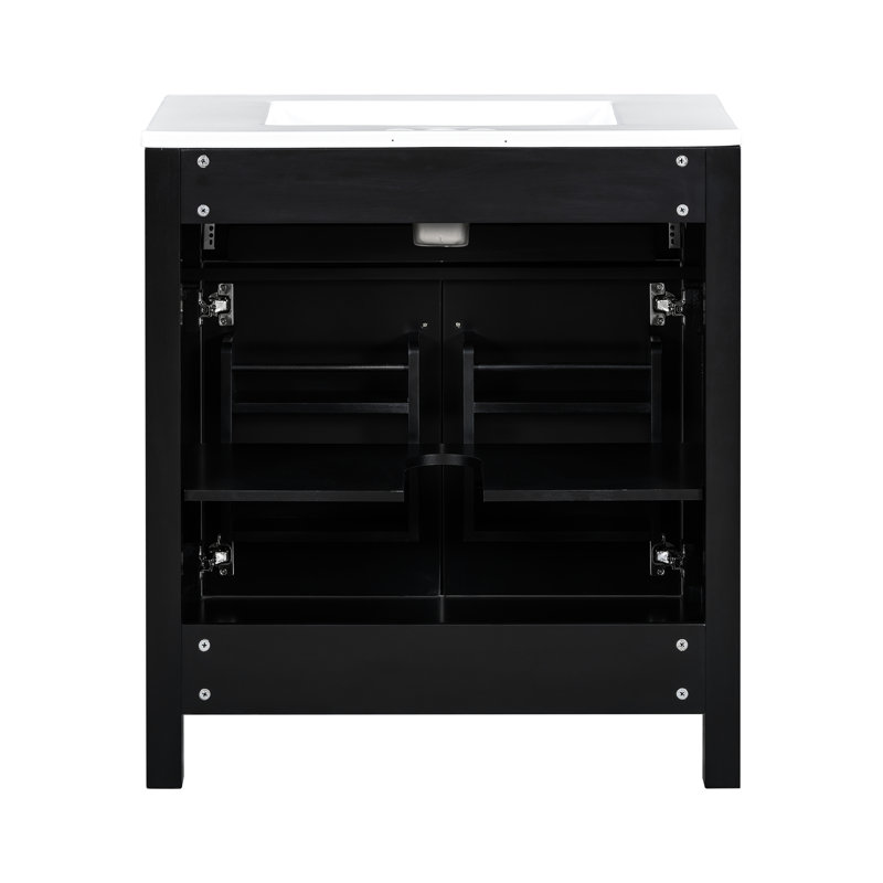 Meuble de salle de bain de 152 cm, lavabo double en céramique, tablette réglable, portes à fermeture douce, tiroir rabattable - Système de fermeture en douceur Cozy Hub pour une salle de bain élégante