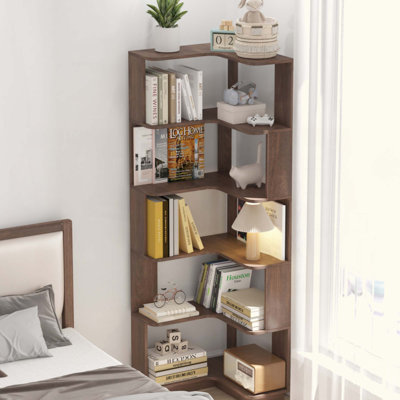 Bibliothèque d'angle H 64,57 po, bibliothèque d'angle autoportante en L à 5 niveaux, avec panneau anti-chute, tablette de présentation avec rangement ouvert pour le bureau à domicile, 