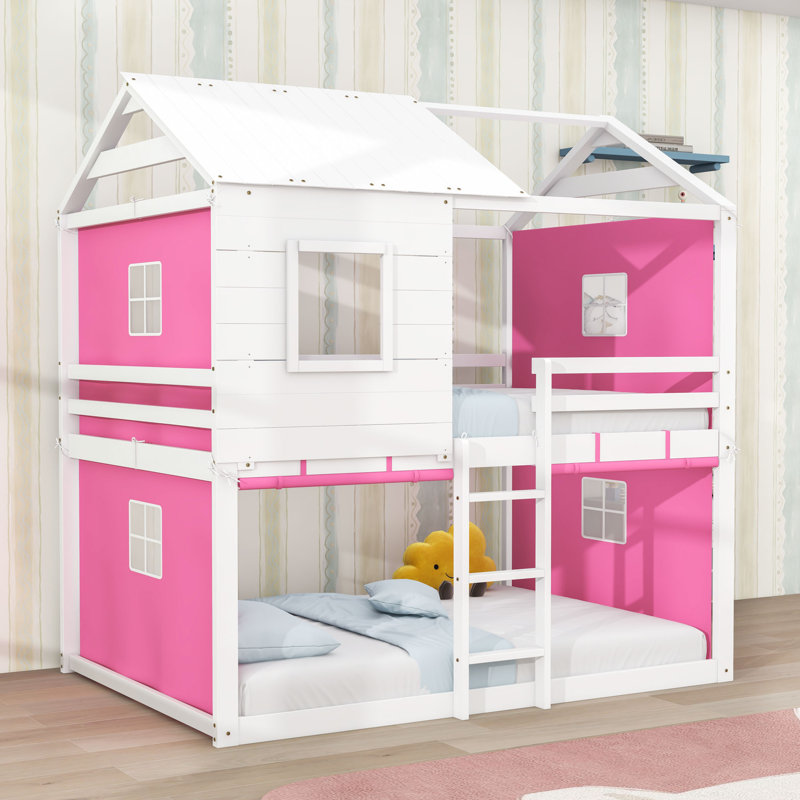 Structure de lit en bois pour tente de jeu avec toit, Double sur double, Rose / blanc