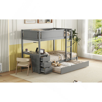 Lit simple superposé simple avec lit gigogne simple, rangement et bureau, gris