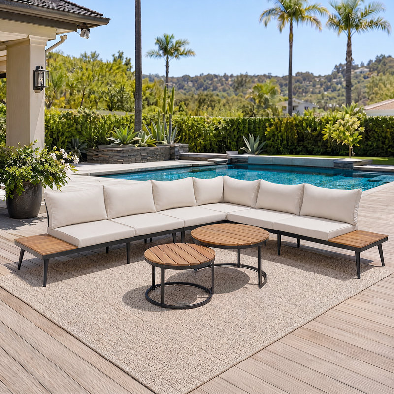 Ensemble de conversation élégant pour le jardin - Canapé modulaire d'extérieur avec tables gigognes rondes, Beige