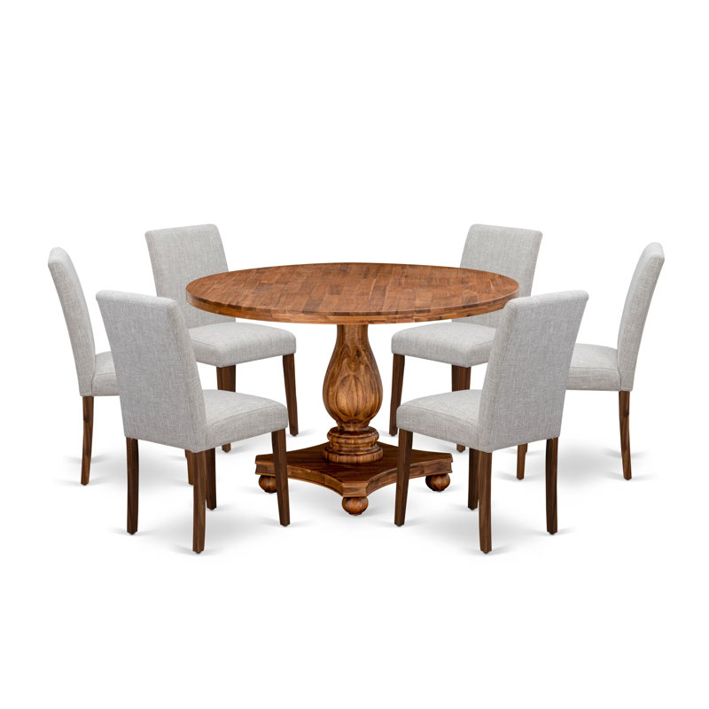 7 Piece Dining Table Set Consist of a Round Dining Room Table with Pedestal and 6 Doeskin Linen Fabric Upholstered Chairs, Antique Walnut