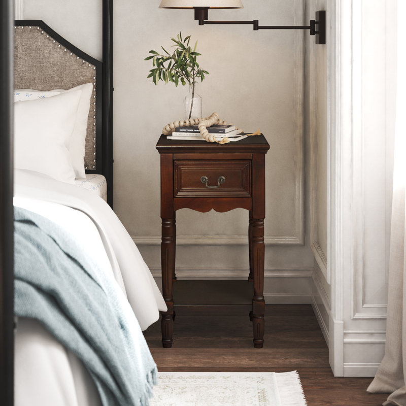 Antiqued Dark Brown Solid Wood Nightstand with 1 Drawer