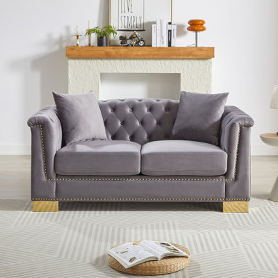62-inch Chesterfield Classic Rolled Arm Tucked-in Nailhead Decor Cloud Two-Seater Velvet Sofa, Luxury Double Sofa Suitable for Living Room, Bedroom, Apartment, Grey