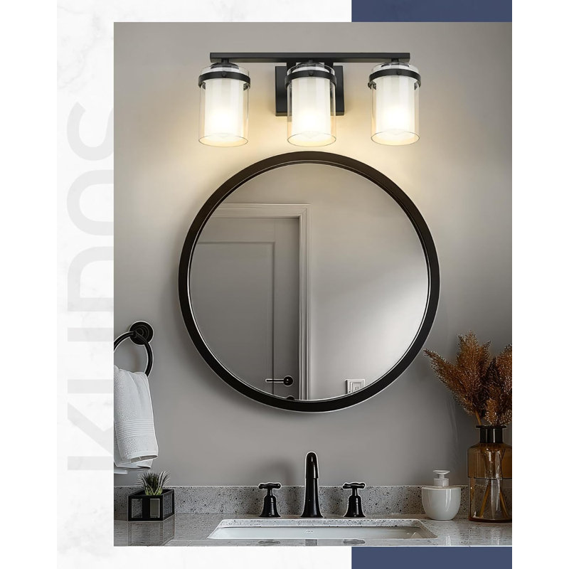 3-Light Bathroom Vanity Light Fixture With Dual Glass Shade, Modern Matte Black Wall Sconce For Over Mirror Installation In Bathroom, Hallway, Living Room
