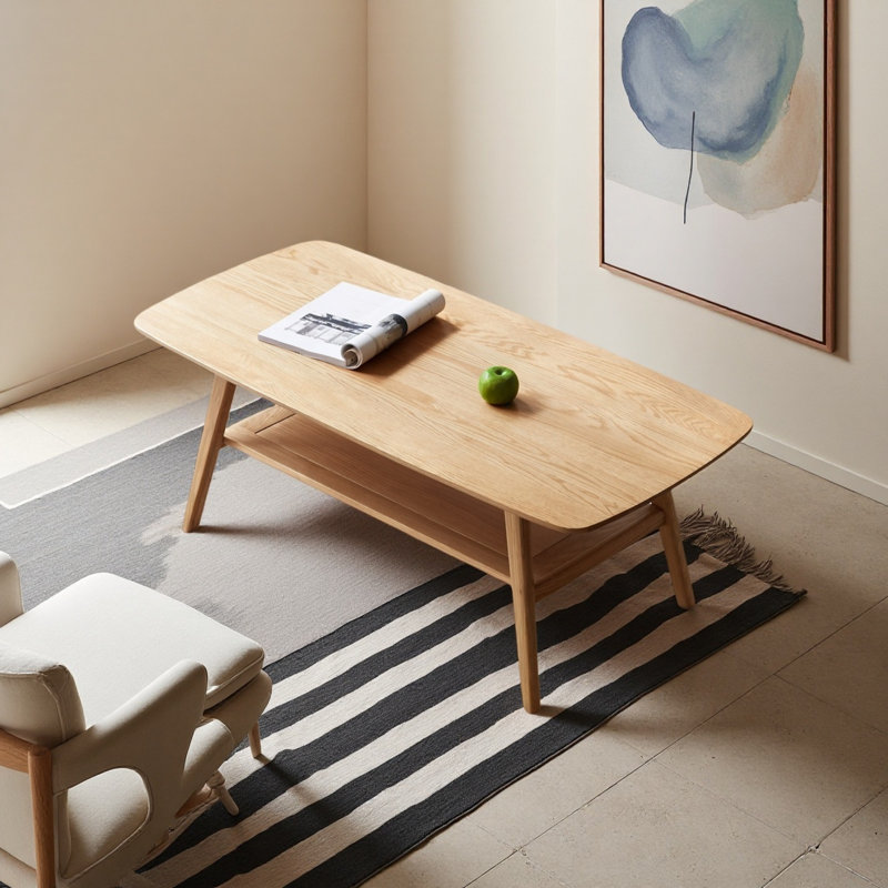 Table basse 100% bois massif avec tablette de rangement, table basse et bureau pour le travail à domicile - bois naturel, facile à assembler