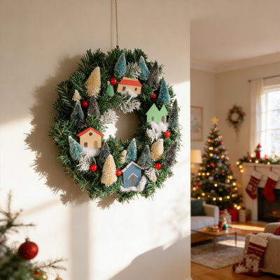 Couronne de Noël de 14 pouces avec mini arbre, baies rouges et chalet pré-éclairé - Crochet de porte festif en PE / PVC pour manteau de porche