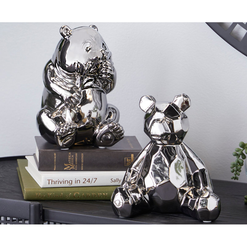 Porcelain Ceramic Handmade Bear Decorative Sculpture Set, Silver