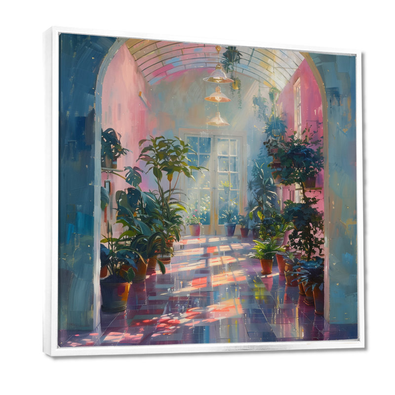 «Green Pink Tropical Greenhouse Dream I - Greenhouse», reproduction d'art mural, Toile encadrée flottée blanche