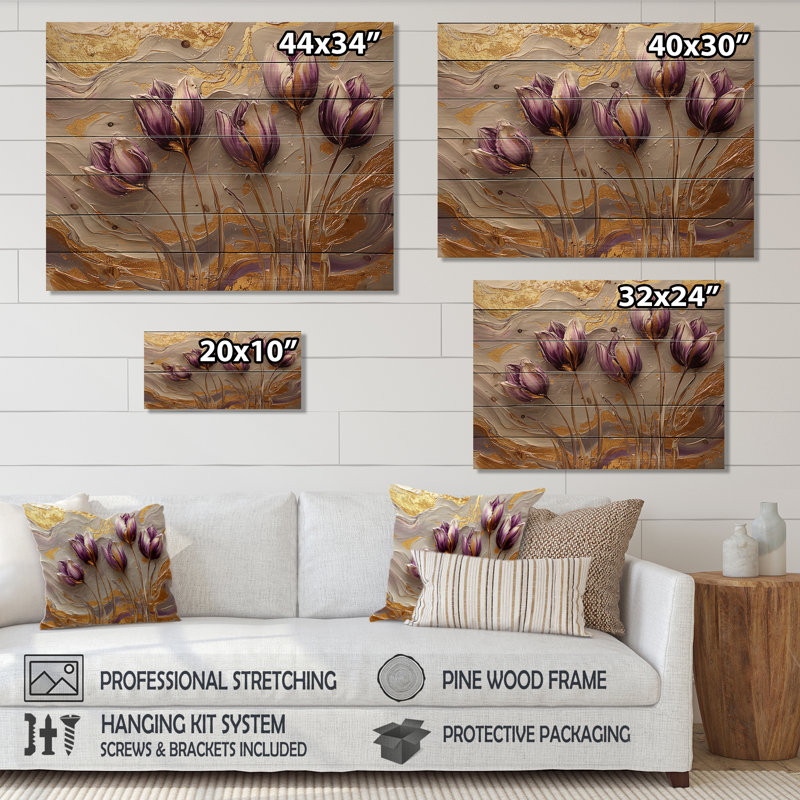 Marbré champ de tulipes sur la rivière crème II - art mural en bois de tulipes - sur bois de pin naturel