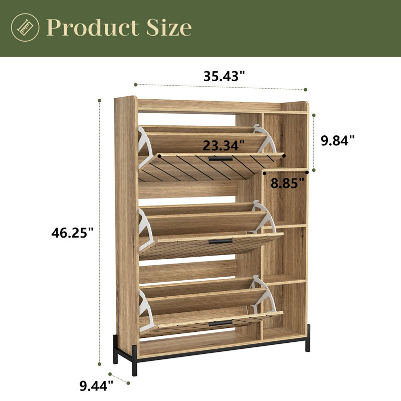 Armoire à chaussures avec 3 tiroirs rabattables et tablettes ouvertes, armoire de rangement pour chaussures moderne