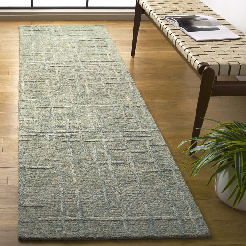 Melaniece Ebony Hand Tufted Wool Cotton Abstract Rug in Green, Runner 2'3" x 8'