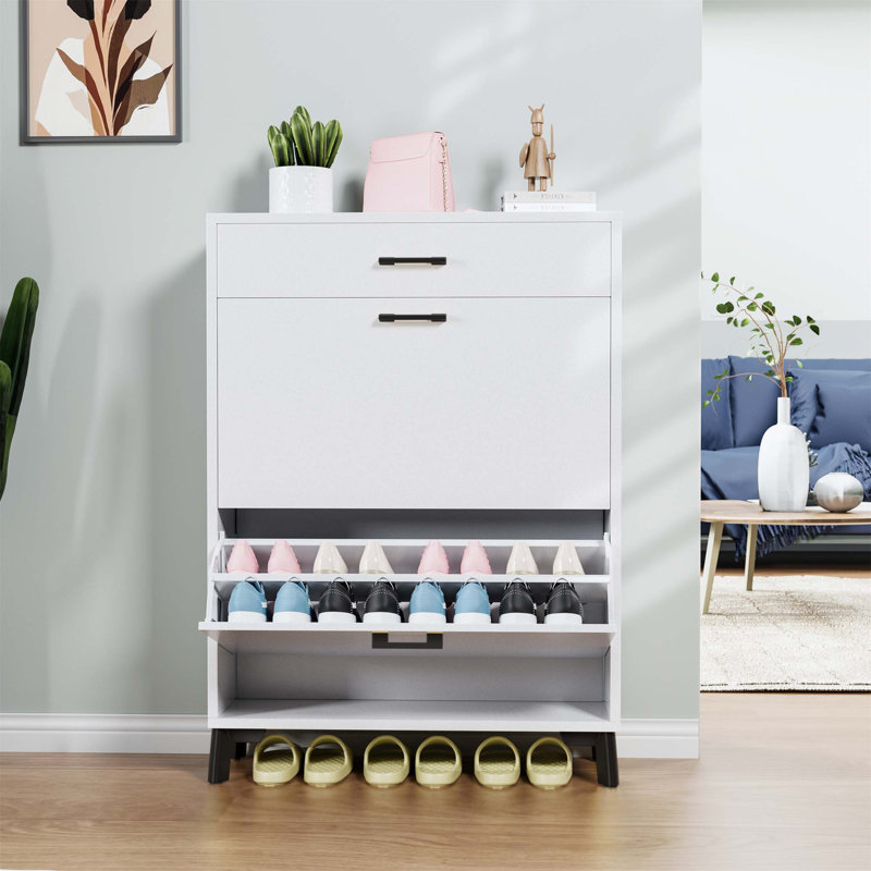 Space-Saving Shoe Storage Cabinet With 2 Flip Drawers, Ideal For Entryway And Hallway Organization, White