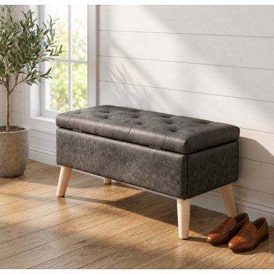 32" Wide Storage Ottoman Bench with Built-in Tray, Square Storage Ottoman for Extra Storage, Upholstered Footrest and End of Bed Bench, Perfect for Li
