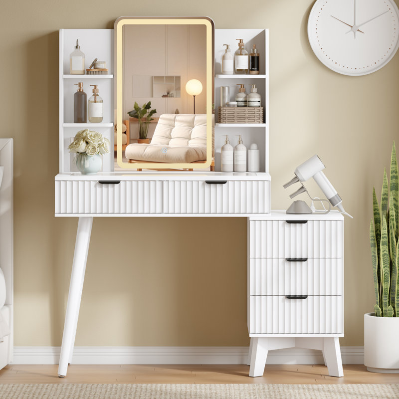 Fluted Vanity Desk with 5 Drawers, Built-in Power Outlet & 26" LED Mirror, 48" Large Fluted Dressing Table with Glass Top and Shelf